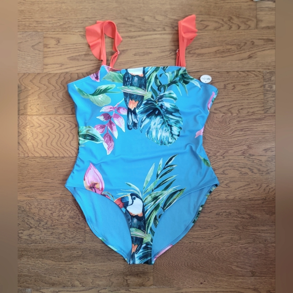 Outdoor Oasis Swimsuit Blue Tropical Toucan Size Large NWOT